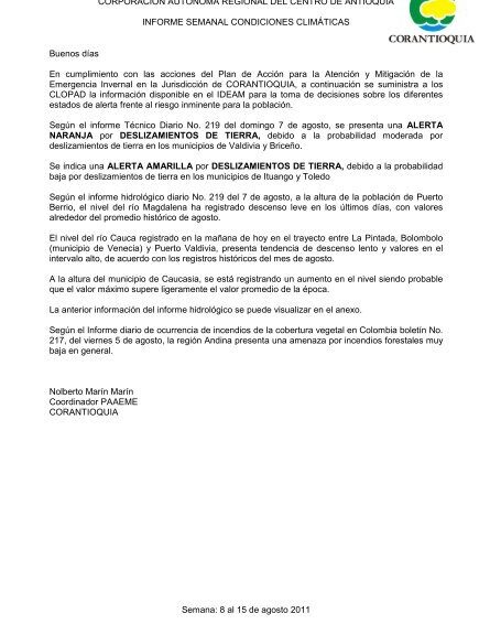 INFORME SEMANAL CONDICIONES CLIMATICAS 8 ... - Corantioquia