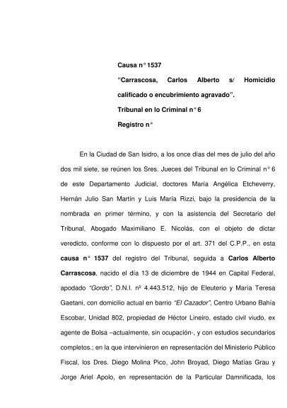Causa n° 1537 “Carrascosa, Carlos Alberto s/ Homicidio calificado ...