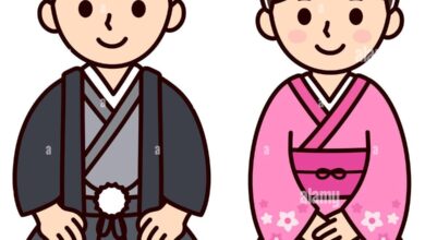 Cute boy and girl couple in national Japanese costume sitting on the ...